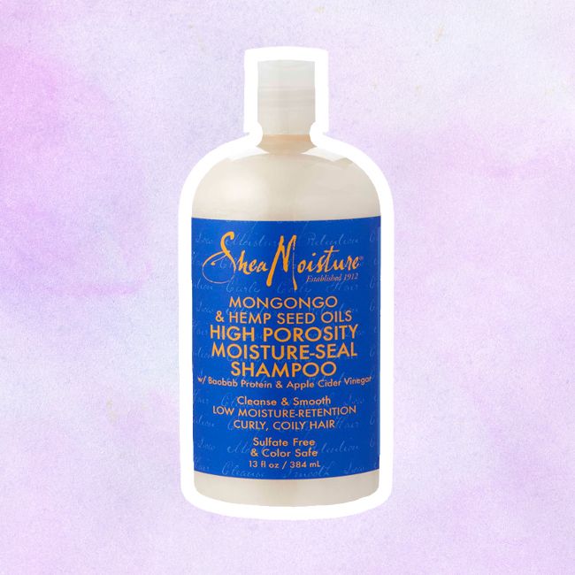 SheaMoisture's Mongongo and Hemp seed oil shampoo on a purple background