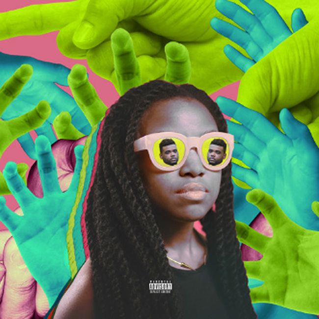 Quinta B in crochet braids and shades stares down neon colored hands