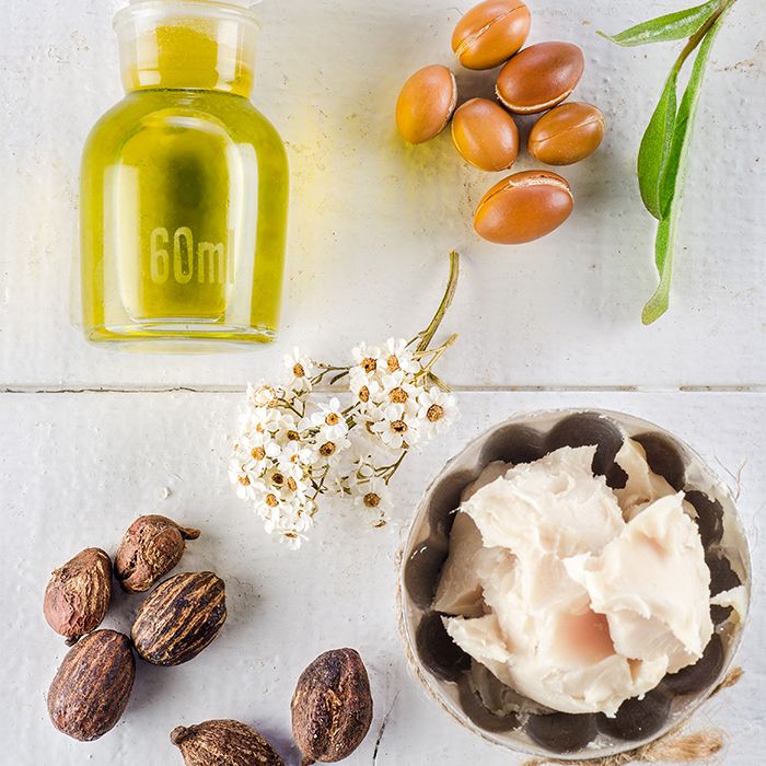 Natural ingredients including olive oil, almonds, and shea butter