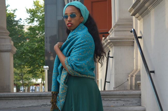 woman in teal headscarf Woman in Teal Headscarf