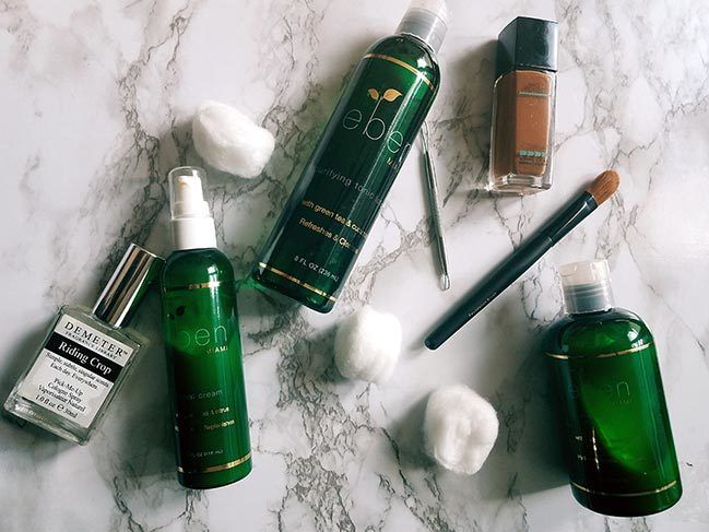 eben naturals product review by gerilyn m hayes fragrance, skincare, and makeup photograhed on marble top